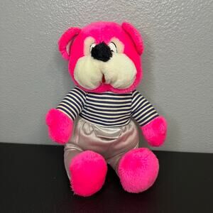 Vintage Bright Pink Bear Stuffed Animal Plush Stripe Colorful